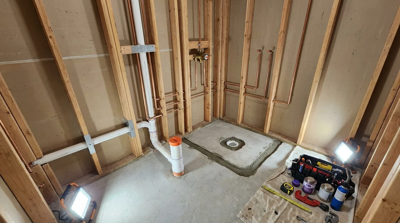 Bathroom rough-in plumbing during remodel by Johns Plumbing LLC in Hauppauge