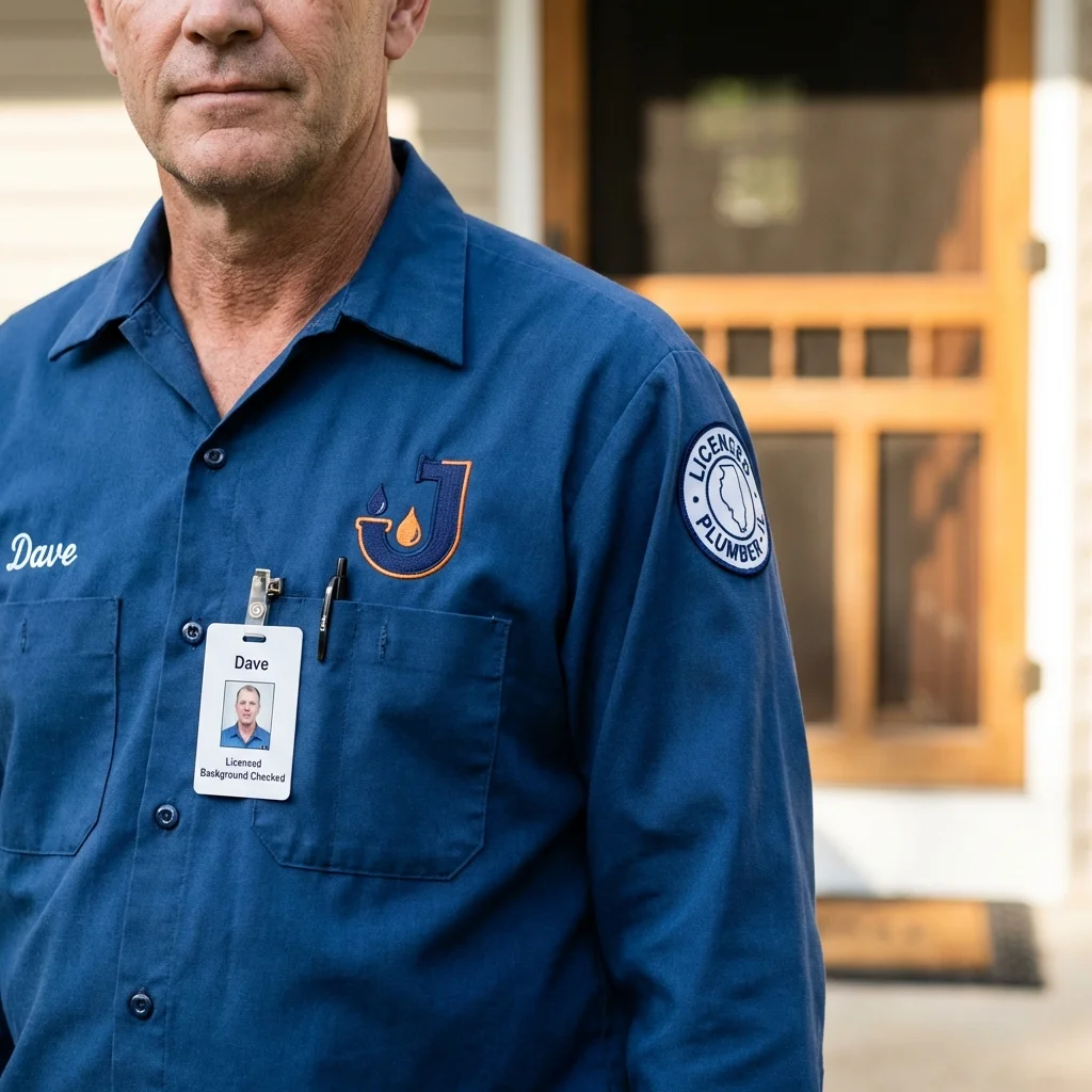 Licensed plumber showing ID badge in Hauppauge, NY