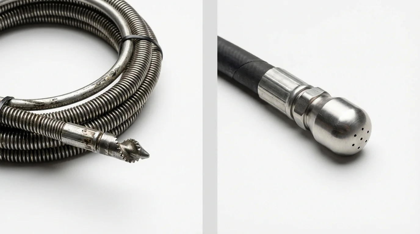 Drain snake cable and hydro jetting nozzle used for drain cleaning in Hauppauge, NY