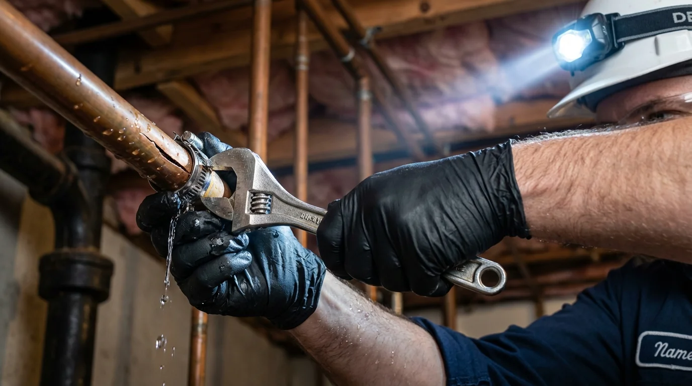 Emergency pipe clamp repair being performed by a Johns Plumbing LLC plumber in Hauppauge