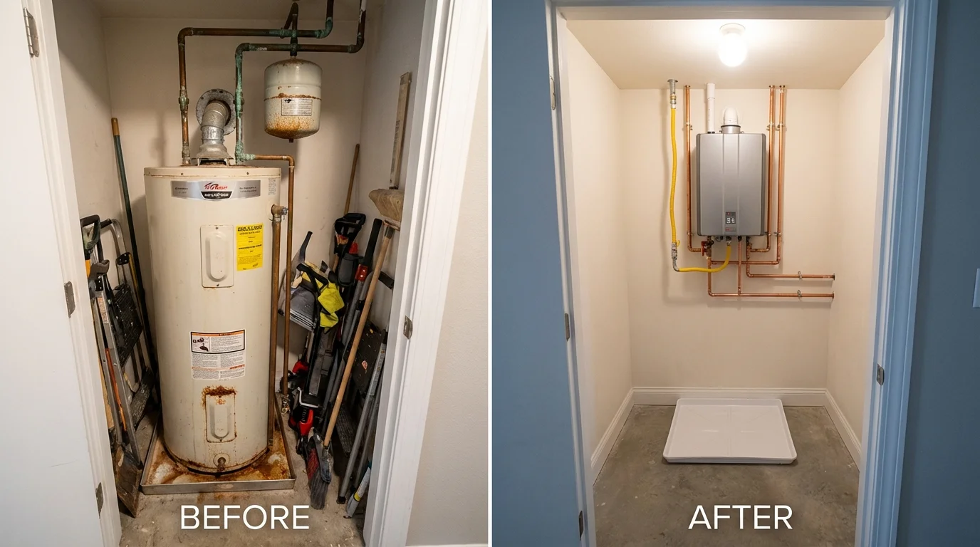 Tank water heater versus wall-mounted tankless unit comparison for Hauppauge, NY homeowners