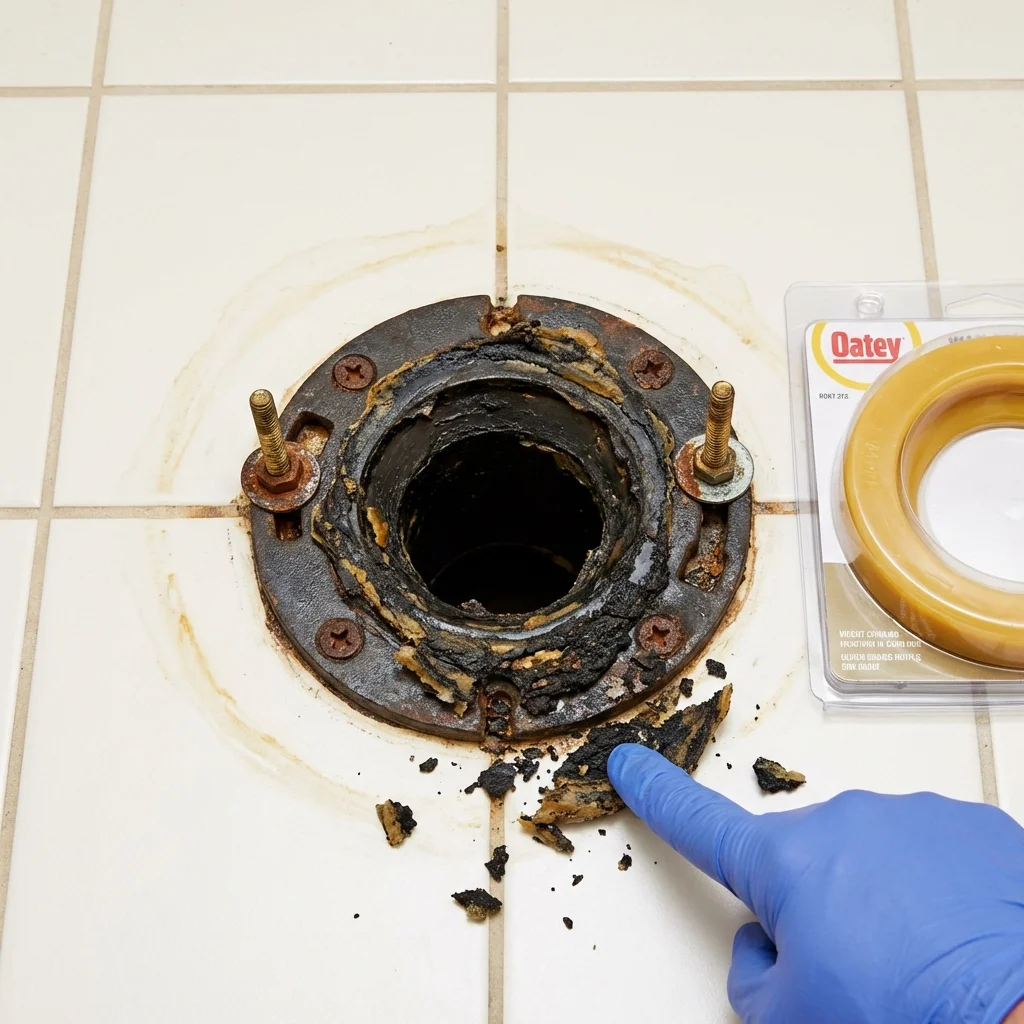 Failed wax ring showing water seepage at the base of a toilet in a Hauppauge, NY home