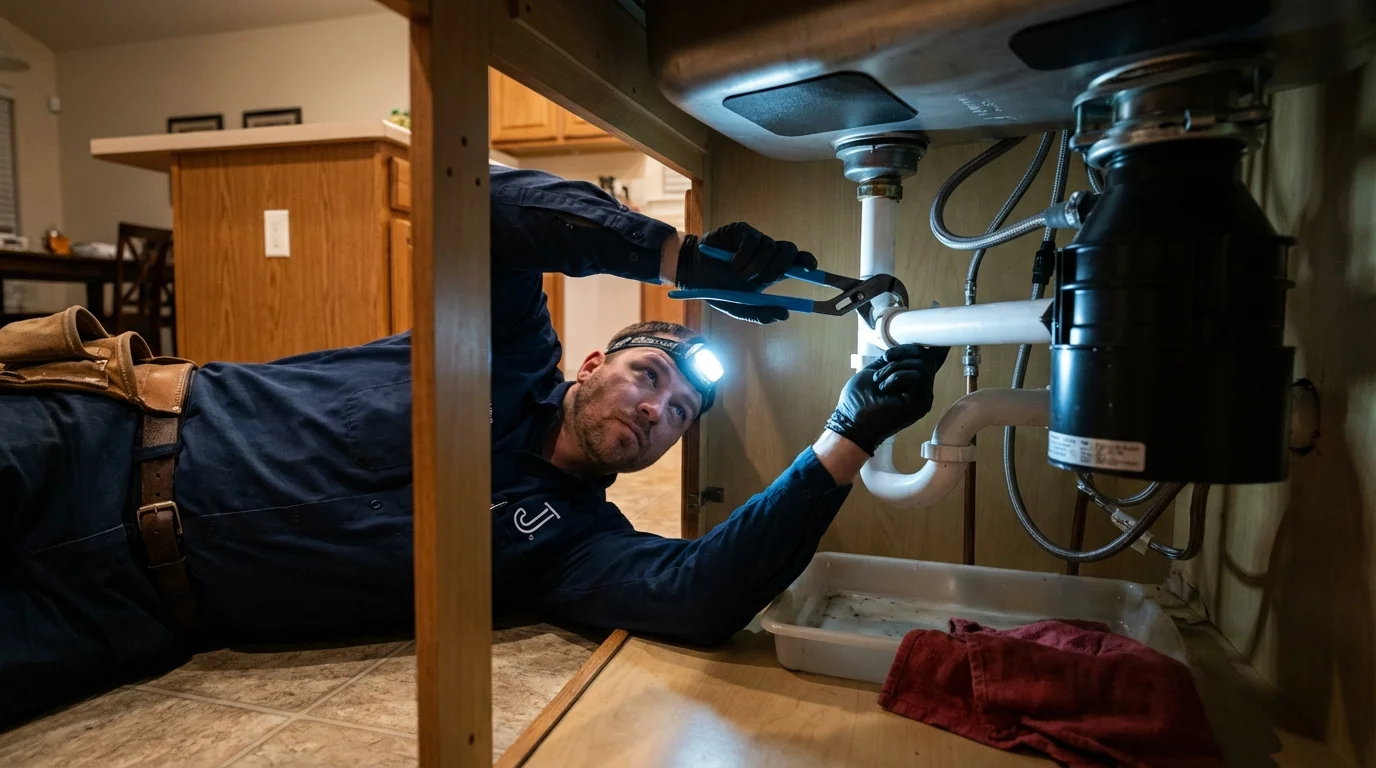 P-trap and supply line connections under a kitchen sink showing a common leak point in Hauppauge, NY